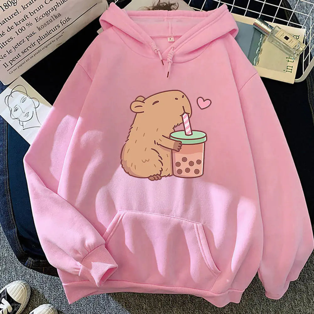 Kawaii Bubble Tea Capybara Hoodie for Aesthetic Style