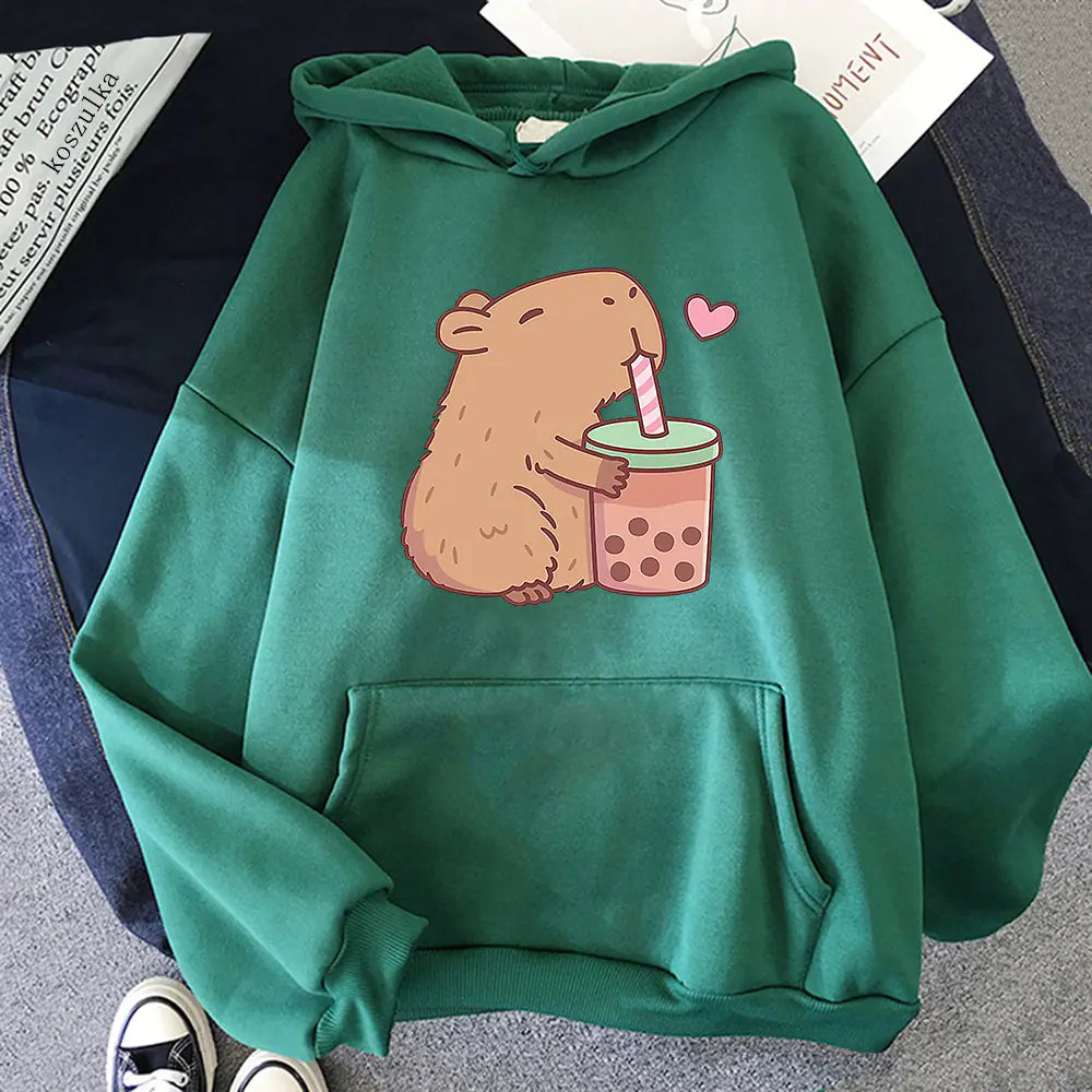 Kawaii Bubble Tea Capybara Hoodie for Aesthetic Style