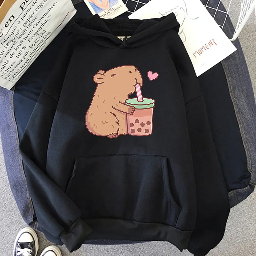 Kawaii Bubble Tea Capybara Hoodie for Aesthetic Style